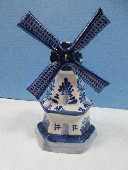 Adorable Porcelain Blue & White 8 1/4" Traditional Windmill Figurine Possibly Delft Blue