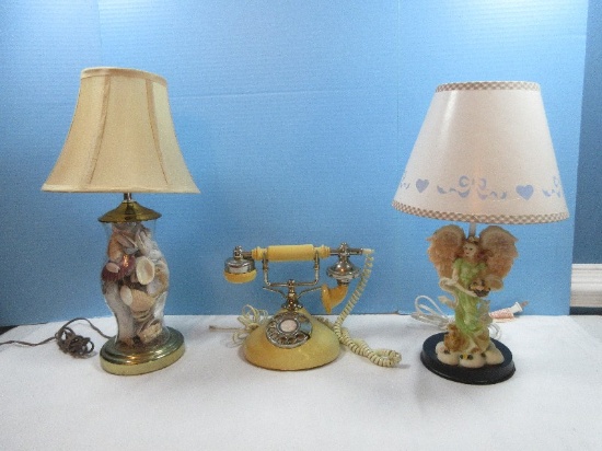 Lot Vintage French Style Rotary Dial Telephone, Resin Cherub Angel Figural Accent Lamp 17",