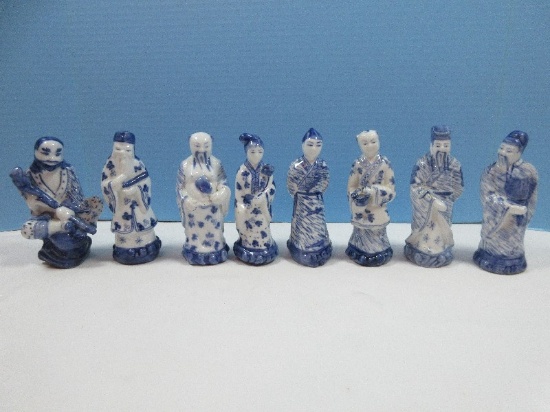 Collection 8 Porcelain Blue & White Chinese Asian Elderly Wise Man, Scholar, Couple Geisha