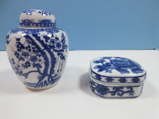 Lot Blue & White Oriental Design Porcelain Covered 5 1/2" Ginger Jar Cherry Blossom Pattern &