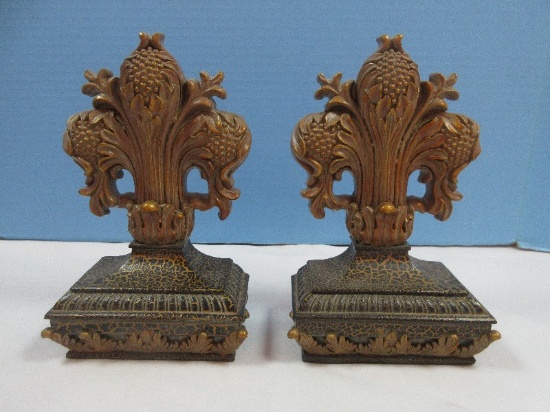 Pair Polyresin 8" Figural Fleur-De-Lis Bookends Antique Bronze Patina Finish w/Craquelure