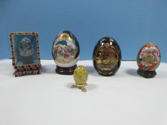 Egg Collection 2-L.F. Fine Porcelain Limoges Victorian Scenes, Alabaster Polished Egg on Paw