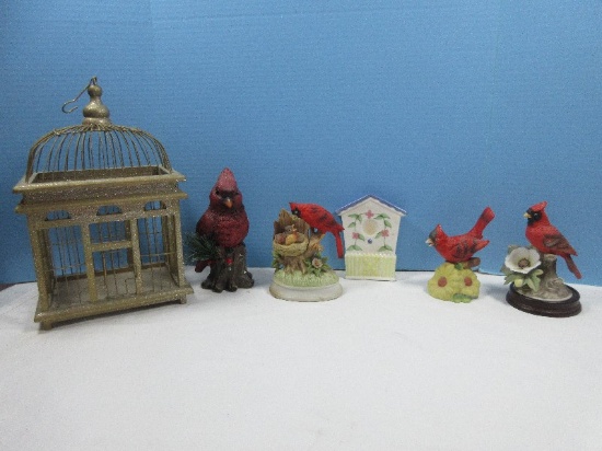 Lot Andrea Bisque Porcelain Cardinal Red Bird 5 1/2" on Wooden Display Base, Cardinal &