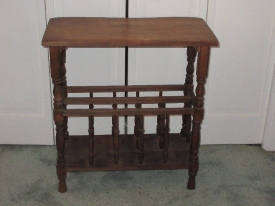 Early American Style Oak Side Table Magazine Rack Ring Turned Spindle- 24"H, Top 11" x 22"