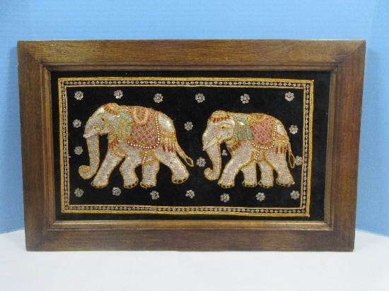 Vintage Trapunto Wall Art 2 Sequined Elephants Black Velvet Background Adorned w/Faux Pearls