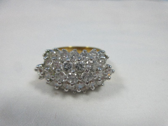 14K GE Gold Electroplated Round Cut Cubic Zirconia Multi Row Shank, Statement Cluster Ring