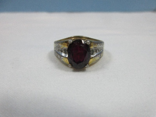 Silver Tone/Gold Tone Accent Ring w/Oval Cut Deep Amethyst Simulant Stone Size- 8-8 1/4