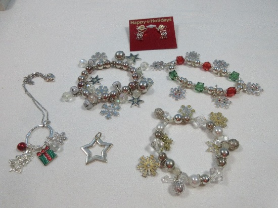 Lot Christmas Snowflakes Jingle Bells Bracelet, Snowflakes Beaded Bracelets, Necklace w/