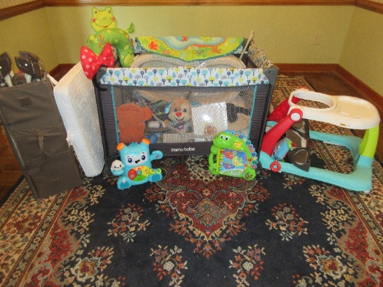 Lot Pamo Babe Portable Crib, Kolcraft Baby Walker, Crip Pad, Graco Play Pin, Fisher Price Dance &