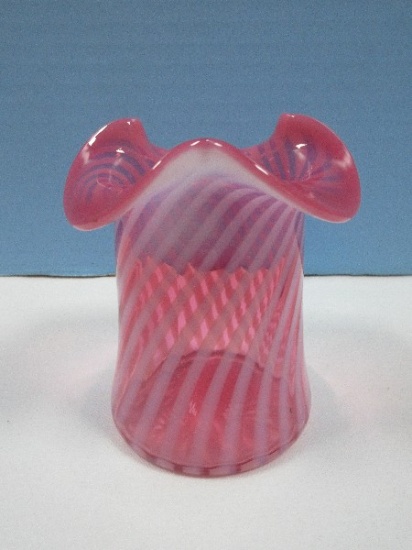 Vintage Fenton Art Glass Cranberry Opalescent Spiral Optic 3 3/4" Vase w/Original Foil Label