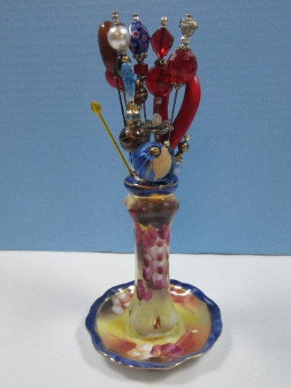 Elegant Limoges Porcelain Hand Painted Floral Dresser Vanity Hat Pin Holder w/A Collection Hat