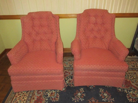 Pair French Inspired Traditional Style High Back Club Chair Tufted Upholstery Features Swivel