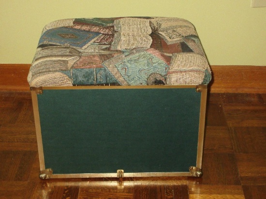 Storage Box Ottoman w/Cushioned Top Book Theme Pattern Metal Accents & Side Handles