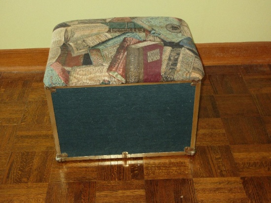 Storage Box Ottoman w/Cushioned Top Book Theme Pattern Metal Accents & Side Handles