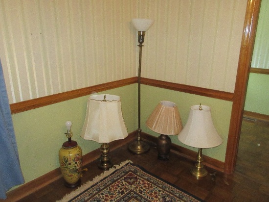 Lot 59" Classic Torchiere Floor Lamp Milk Glass Shade, 2 Brass Finish Candlestick Table Lamps