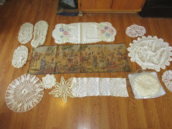 Lot Needlework Dresser Scarf/Table Runner, Vintage Tapestry Vibrant Scene Middle Eastern