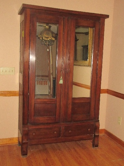 Early Acme Furniture Co. Double Mirror Panel Doors Wardrobe/Armoire w/2 Base Drawers