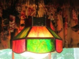 Stained Slag Glass Hanging Light Fixture Shade w/Panels & Milk Glass Globe