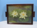 Vintage Wooden Serving Rectangular Handled Tray w/American White Waterlilies Lithograph