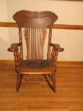 Spectacular Antique Oak Rocking Chair Pressed Back Design Leather Seat Insert Rug Cutter
