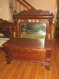 Gorgeous Antique Oak 2 Over 1 Dresser w/Attached Framed Mirror Ornate Carving Dovetail