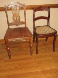 2 Vintage Accent Chairs Oak Depression Era Style Intricate Back Splash & Mahogany Carved