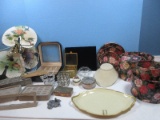 Lot Filigree Brass Tone Jewelry Casket Beveled Glass Top, International Silverplate Ornate Mirror