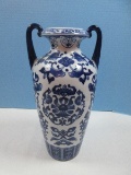 Semi Porcelain Elegant Blue & White Floral Vine Design Classic Vase 12 1/2