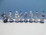 Collection 8 Porcelain Blue & White Chinese Asian Elderly Wise Man, Scholar, Couple Geisha