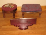 2 Victorian Era Wooden Foot Stools Floral Needlepoint Top/Damask Upholstery, Faux Burled
