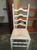 Painted White French Country Ladder Back Chair Woven Rush Seat