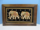 Vintage Trapunto Wall Art 2 Sequined Elephants Black Velvet Background Adorned w/Faux Pearls