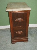 Antique Nightstand w/Marble Top Beveled Edge & 2 Dovetail Drawers Carved Pulls-