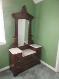 Grandiose Antique Victorian Era Drop-Front Marble Top Dresser w/Attached Ornate Framed