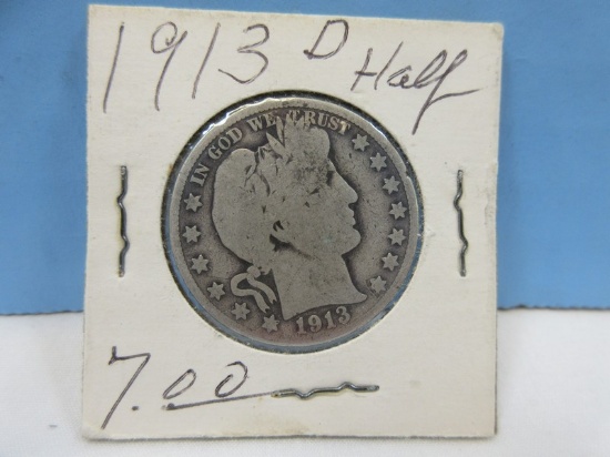 1913-D Early Barber Half Dollar Silver Coin Denver Mint Mark 90% Silver Wgt. 12.5 G