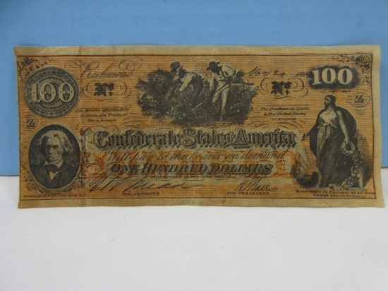 Confederate States of America $100 Dollar Bill CSA Bank Note Unauthenticated