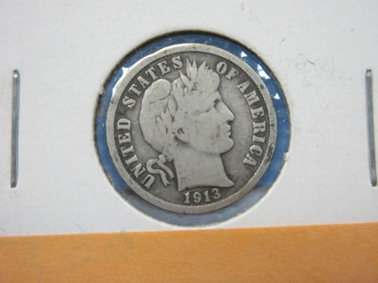 1913 Early Barber Silver Dime Coin Philadelphia No Mint Mark Wgt. 2.5 G Diameter 17.9 mm