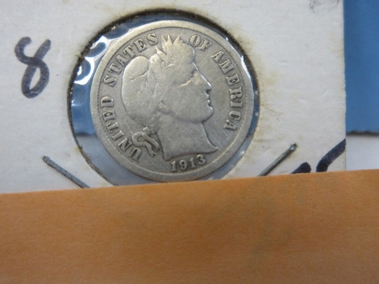 1913 Early Barber Silver Dime Coin Philadelphia No Mint Mark Wgt. 2.5 G Diameter 17.9 mm