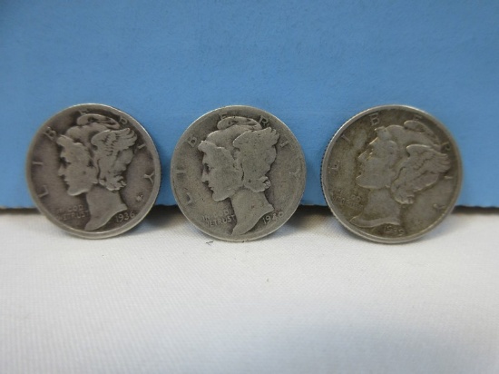 1936-D, 1939, 1940 Mercury Dime Coins Winged Liberty Silver Dimes 1936 Denver Mint