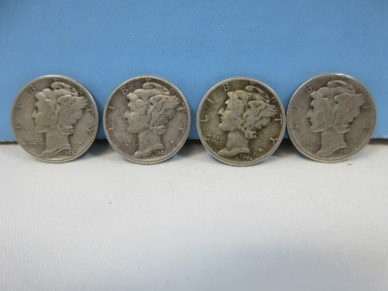 4-1944 Mercury Dime Coins Winged Liberty Silver Dimes Philadelphia No Mint Mark