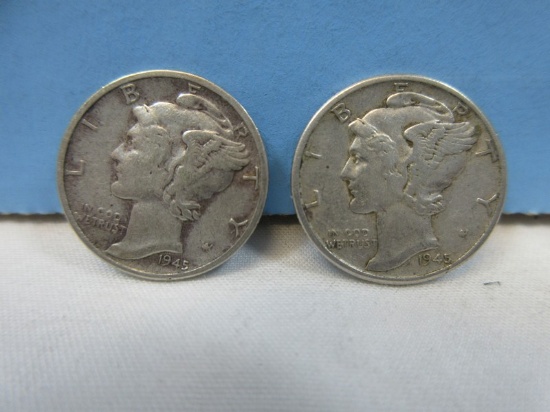 2-1945 Mercury Dime Coins Winged Liberty Silver Dimes Philadelphia No Mint Mark