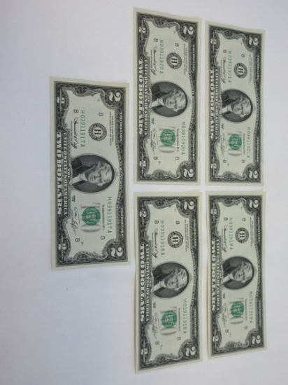 Rare Find 5-Consecutive Numbers Two Dollar Bills Bank Note Commemorative Series 1976