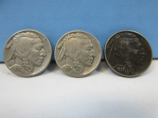 3 Buffalo Nickel Coins Indian Head Nickel 2 are 1937 and 1936 Composition 75% Copper