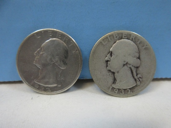 2-1932 Washington Silver Quarter Coins Philadelphia No Mint Mark 90% Silver Wgt. 12.5 G