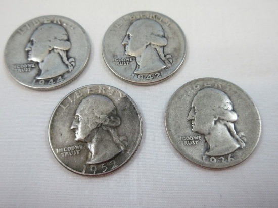 4 Washington Silver Quarter Coins 1936, 1942, 1944-S San Francisco and 1952 90% Silver Total