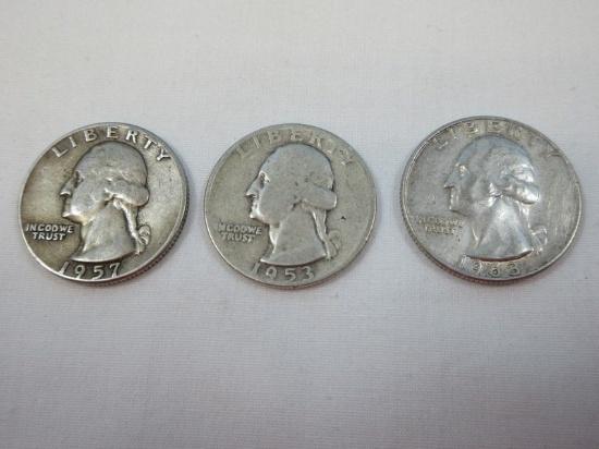 3 Washington Silver Quarter Coins 1953, 1957, 1963-D Denver Mint 90% Silver Total Wgt. 18.75 G