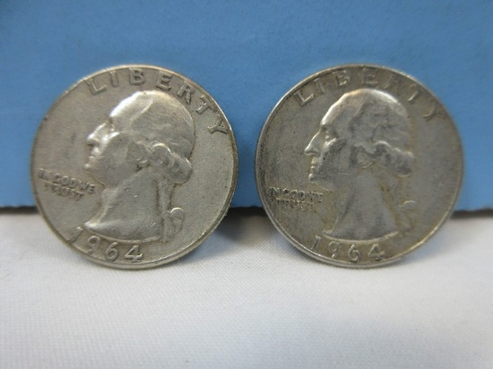2 Washington Silver Quarter Coins 1964 Philadelphia No Mint Mark 90% Silver Total Wgt. 12.5 G