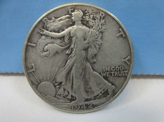 1942 Walking Liberty Silver Half Dollar Coin Philadelphia No Mint Mark 90% Silver Wgt. 12.5 G