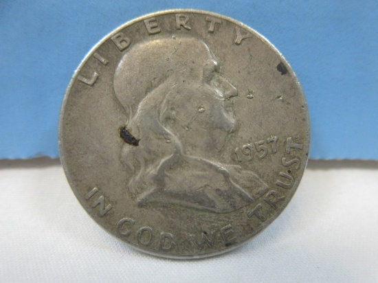 1957-D Franklin Silver Half Dollar Liberty Bell Coin Denver Mint Mark 90% Silver Wgt. 12.5 G
