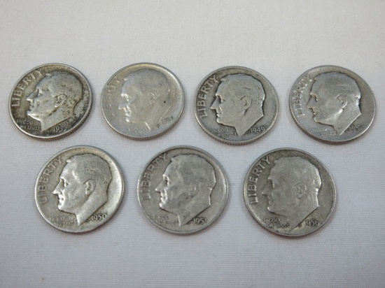 7 Roosevelt Silver Dime Coins Philadelphia No Mint Mark 90% Silver Dates 1949, 1950, 1951,